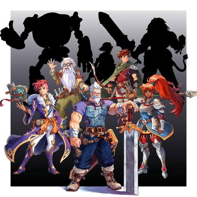 Published party artwork with five revealed heroes and anonymous companion silhouettes